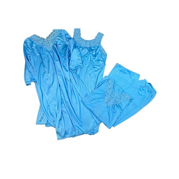 Vintage Shadowline Blue 4 pc Nylon Lace Peignoir Pajama Nightgown Set Size S - M - Picture 1 of 10
